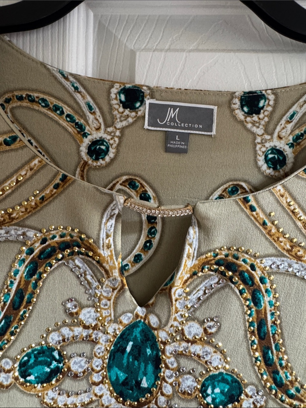JM Collection Cream Tunic with Gold Embroidery and Emerald Jeweled Accents - Picture 2 of 4